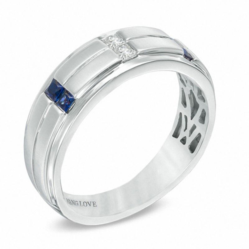 Vera Wang Love Collection Men's 0.12 CT. T.W. Square-Cut Diamond and Blue Sapphire Wedding Band in 14K White Gold|Peoples Jewellers