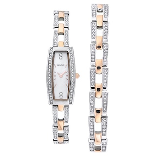Ladies' Bulova Crystal Accent Watch with Rectangular Mother-of-Pearl Dial Boxed Watch and Bracelet Set (Model: 98X110)