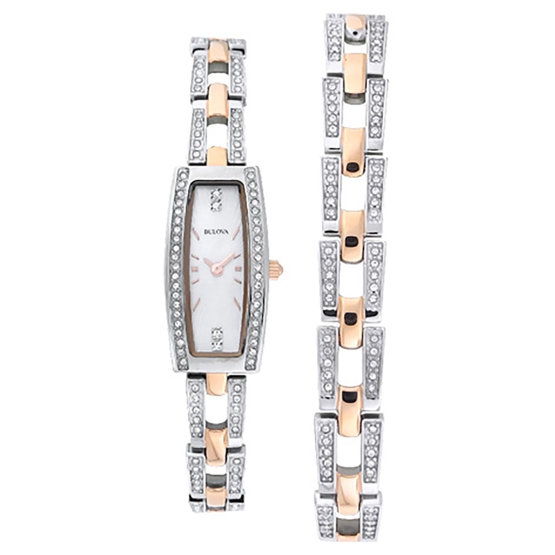 Main Image 1 of Ladies' Bulova Crystal Accent Watch with Rectangular Mother-of-Pearl Dial Boxed Watch and Bracelet Set (Model: 98X110)