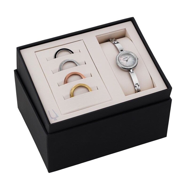 Main Image 2 of Ladies' Bulova Crystal Accent Watch with Mother-of-Pearl Dial and Interchangeable Bezel Box Set (Model: 98X107)