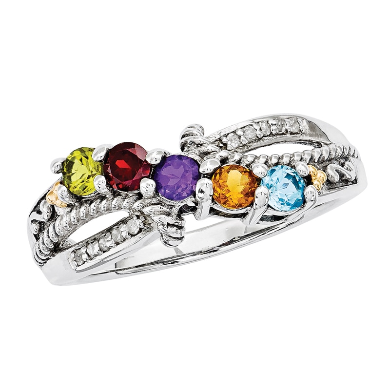 Mother's Simulated Birthstone and Diamond Accent Ring in Sterling Silver and 14K Gold (5 Stones)