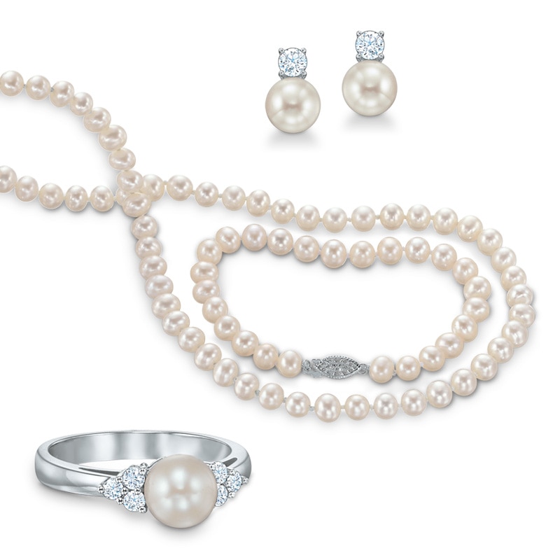 6.5 - 7.0mm Cultured Freshwater Pearl and Lab-Created White Sapphire Necklace, Bracelet, Drop Earrings and Ring Set