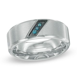 Men's Enhanced Blue Diamond Accent Slant Wedding Band in Two-Tone Stainless Steel - Size 10