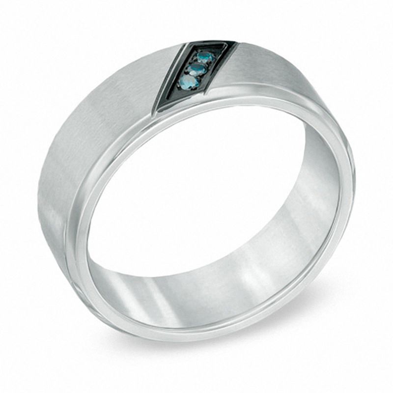 Enhanced Blue Diamond Accent Slant Wedding Band in Two-Tone Stainless Steel - Size 10