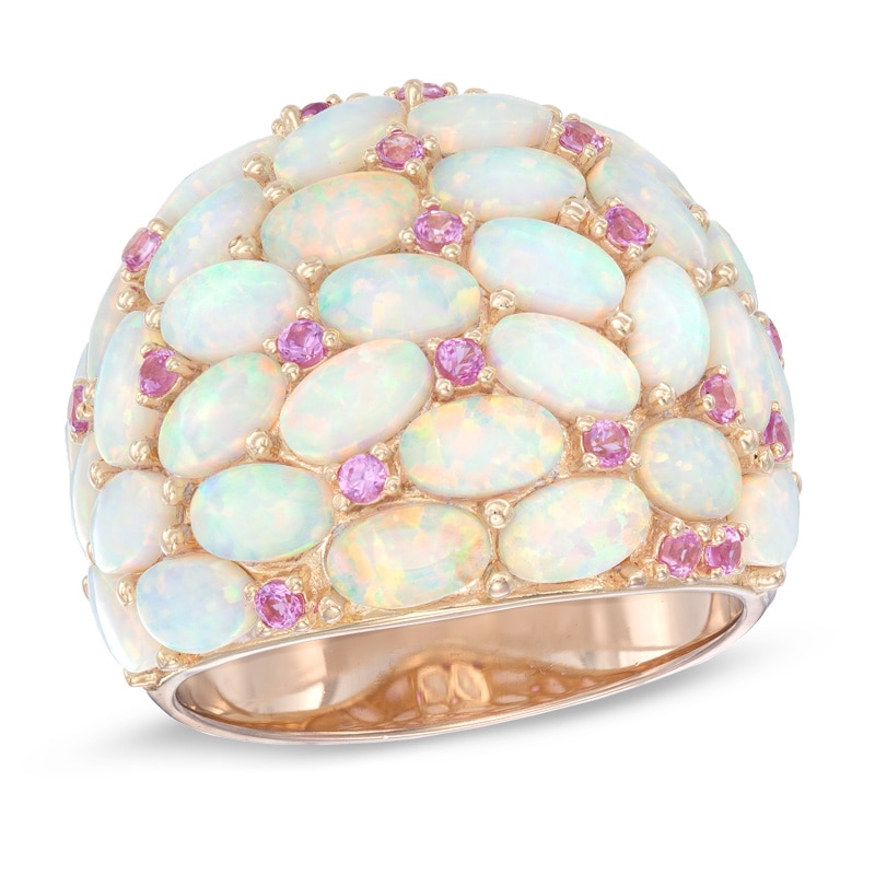 Oval Lab-Created Opal and Pink Sapphire Dome Ring in Sterling Silver with 18K Rose Gold Plate