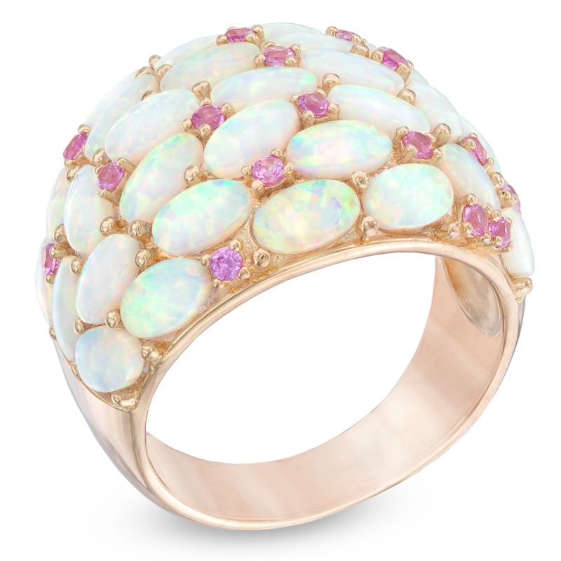 Oval Lab-Created Opal and Pink Sapphire Dome Ring in Sterling Silver with 18K Rose Gold Plate