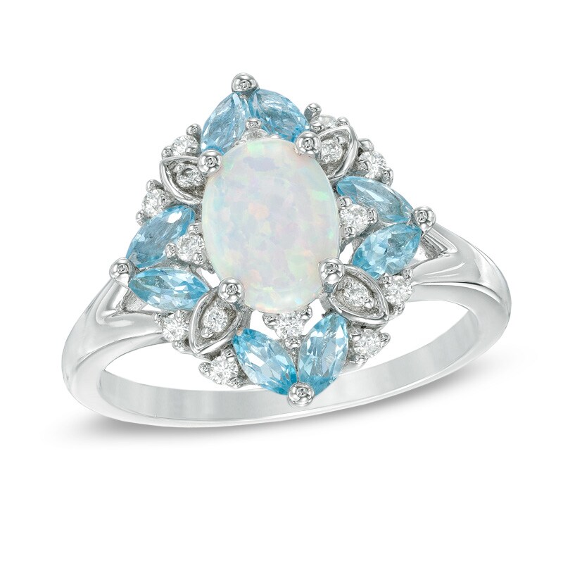 Oval Lab-Created Opal, Swiss Blue Topaz and White Sapphire Vintage-Style Ring in Sterling Silver