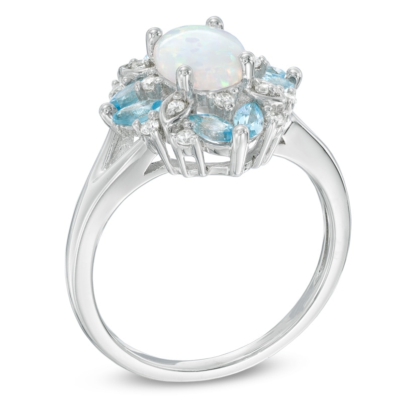 Oval Lab-Created Opal, Swiss Blue Topaz and White Sapphire Vintage-Style Ring in Sterling Silver