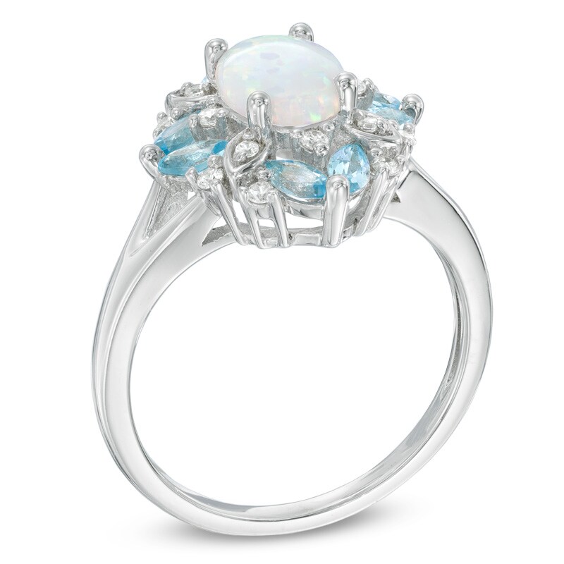 Oval Lab-Created Opal, Swiss Blue Topaz and White Sapphire Vintage-Style Ring in Sterling Silver