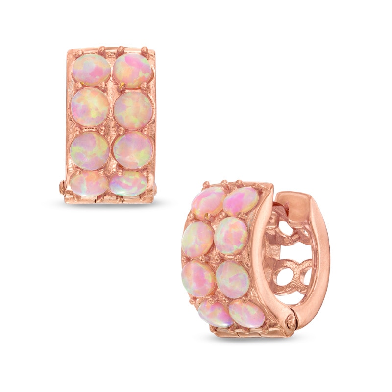 Lab-Created Pink Opal Huggie Hoop Earrings in Sterling Silver with 18K Rose Gold Plate