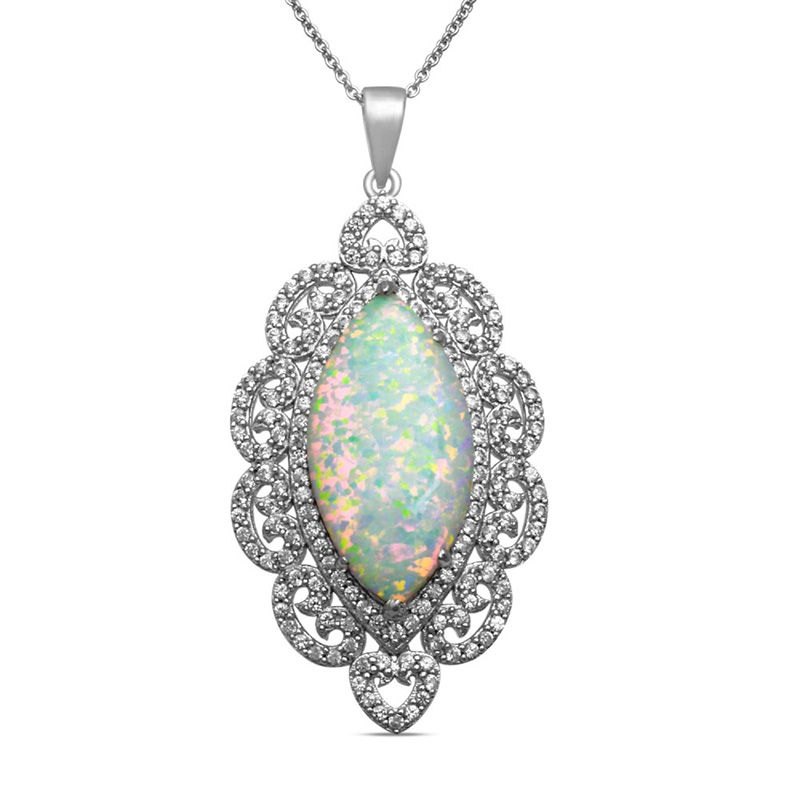 Main Image 1 of Marquise-Cut Lab-Created Opal and White Sapphire Frame Vintage-Style Pendant in Sterling Silver