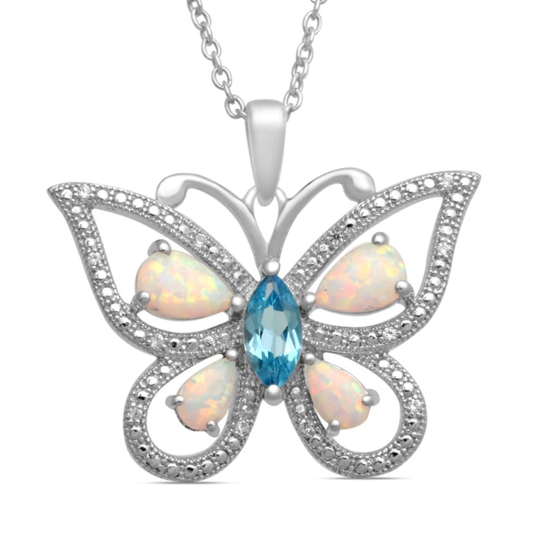 Main Image 1 of Blue Topaz, Lab-Created Opal and White Lab-Created Sapphire Butterfly Pendant in Sterling Silver