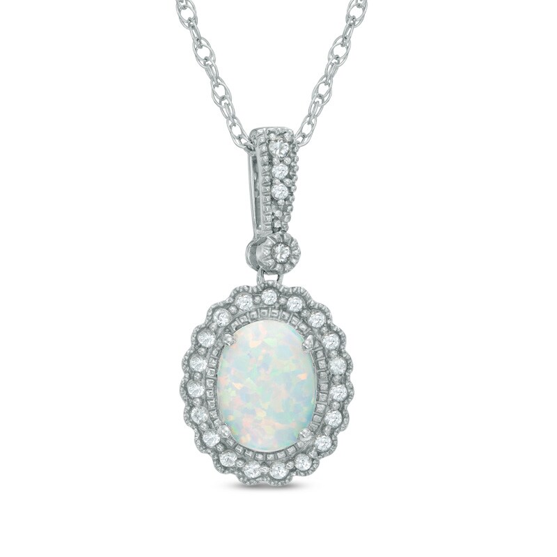 Main Image 1 of Oval Lab-Created Opal and White Sapphire Frame Pendant in Sterling Silver