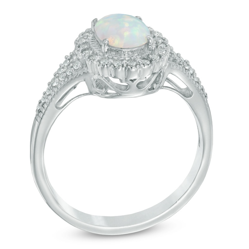 Main Image 2 of Oval Lab-Created Opal and White Lab-Created Sapphire Frame Vintage-Style Ring in Sterling Silver