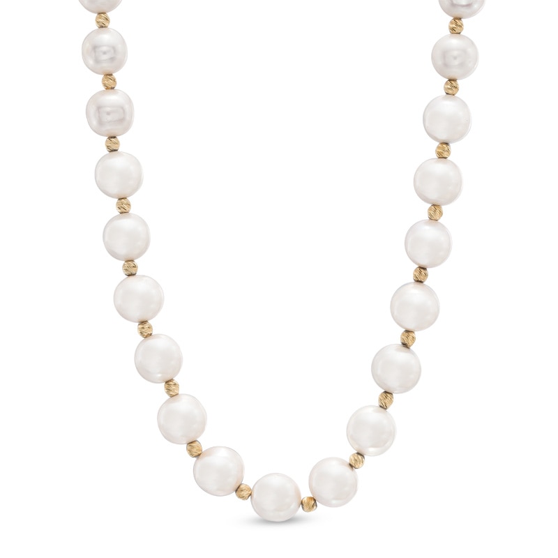 8.5 - 9.5mm Cultured Freshwater Pearl and Bead Strand Necklace in Sterling Silver with 14K Gold Plate|Peoples Jewellers