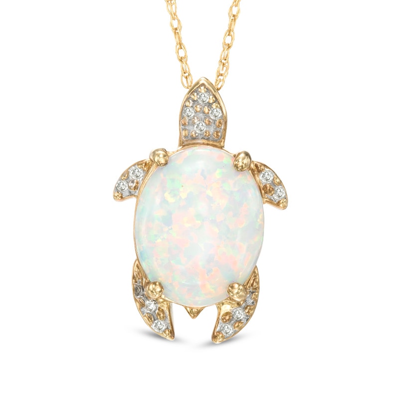 Main Image 1 of Oval Lab-Created Opal and Diamond Accent Turtle Pendant in Sterling Silver with 14K Gold Plate