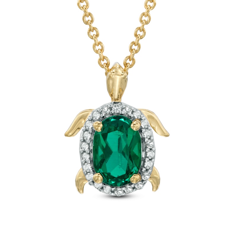 Oval Lab-Created Emerald and White Lab-Created Sapphire Turtle Pendant in Sterling Silver with 18K Gold Plate