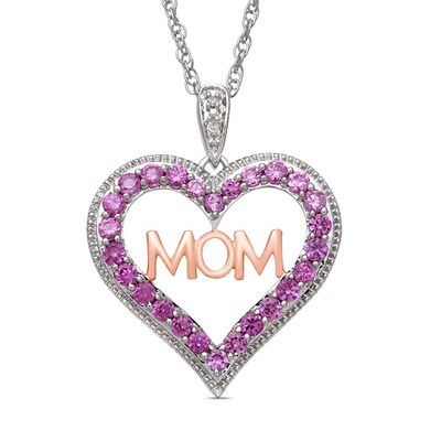 Lab-Created Pink Sapphire and Diamond Accent "MOM" Heart Pendant in Sterling Silver with 14K Rose Gold Plate