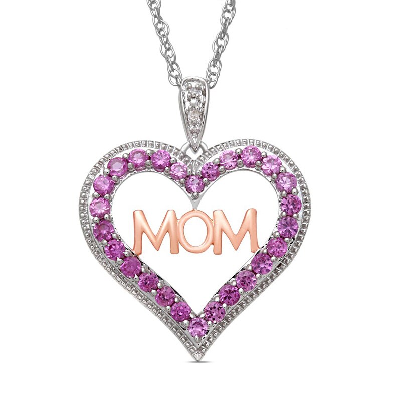 Main Image 1 of Lab-Created Pink Sapphire and Diamond Accent "MOM" Heart Pendant in Sterling Silver with 14K Rose Gold Plate