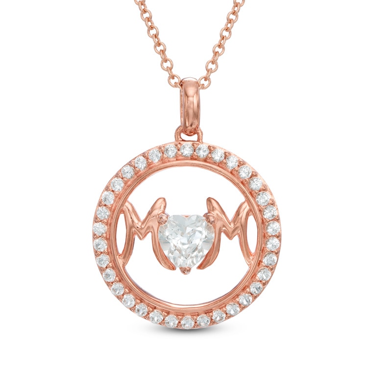 Main Image 1 of 5.0mm Heart-Shaped Lab-Created White Sapphire "MOM" Circle Pendant in Sterling Silver with 14K Rose Gold Plate