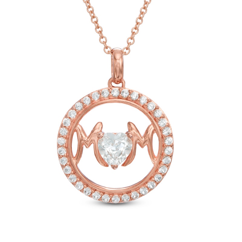 5.0mm Heart-Shaped Lab-Created White Sapphire "MOM" Circle Pendant in Sterling Silver with 14K Rose Gold Plate|Peoples Jewellers