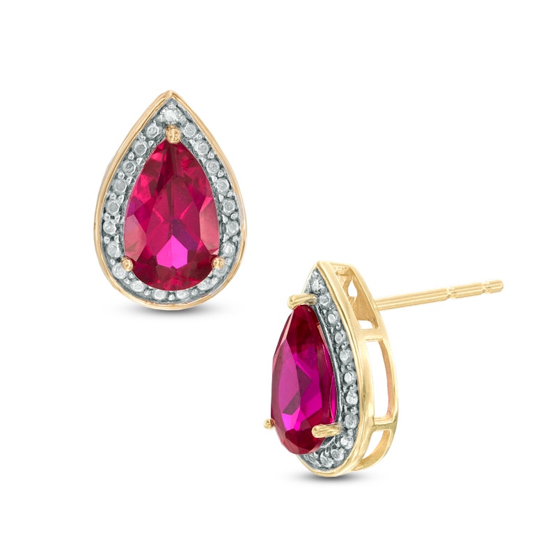 Main Image 1 of Pear-Shaped Lab-Created Ruby and Diamond Accent Stud Earrings in 10K Gold