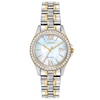 Ladies' Citizen Eco-Drive® Crystal Accent Two-Tone Watch with Mother-of-Pearl Dial (Model: EW1844-50D)