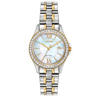 Ladies' Citizen Eco-Drive® Crystal Accent Two-Tone Watch with Mother-of-Pearl Dial (Model: EW1844-50D)