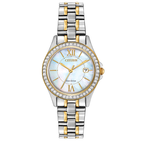 Ladies' Citizen Eco-Drive® Crystal Accent Two-Tone Watch with Mother-of ...