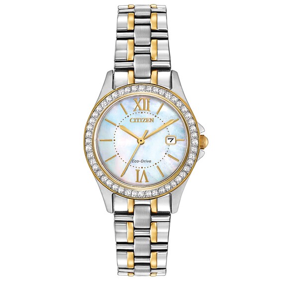 Ladies' Citizen Eco-Drive® Crystal Accent Two-Tone Watch with Mother-of-Pearl Dial (Model: EW1844-50D)