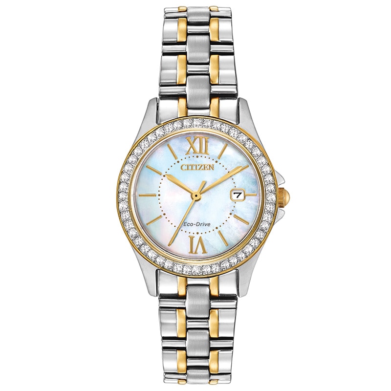 Ladies' Citizen Eco-Drive® Crystal Accent Two-Tone Watch with Mother-of-Pearl Dial (Model: EW1844-50D)