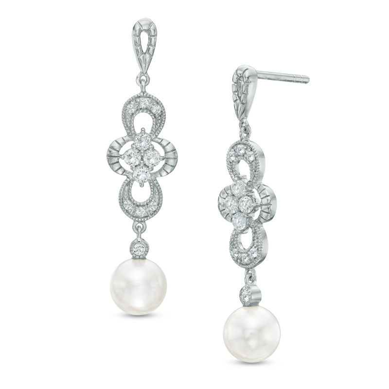 6.0 - 7.0mm Cultured Freshwater Pearl and Lab-Created White Sapphire Drop Earrings in Sterling Silver|Peoples Jewellers