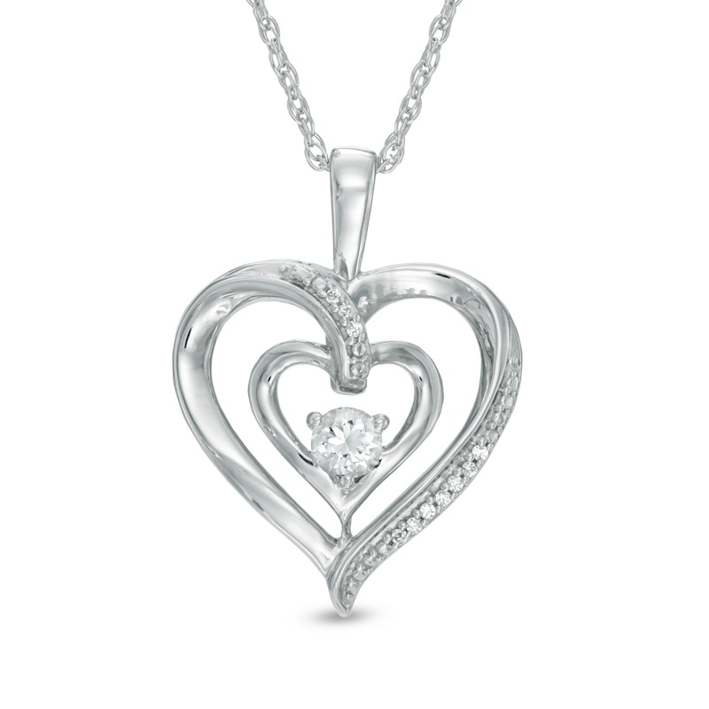 3.5mm White Lab-Created Sapphire and Diamond Accent Double Heart with "MOM" Pendant in Sterling Silver