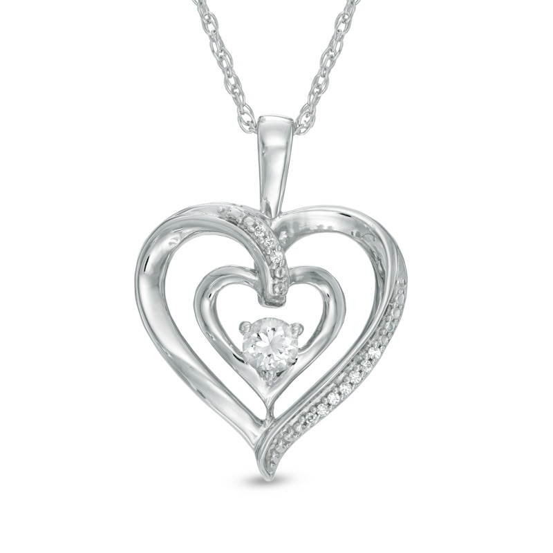 3.5mm White Lab-Created Sapphire and Diamond Accent Double Heart with "MOM" Pendant in Sterling Silver|Peoples Jewellers