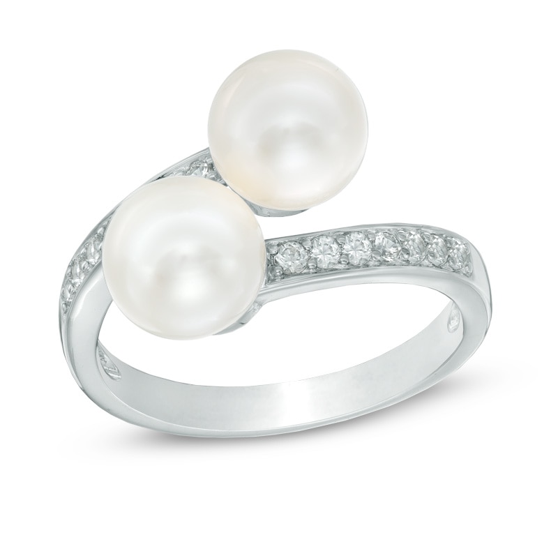 Main Image 1 of 6.5-7.0mm Freshwater Cultured Pearl and Lab-Created White Sapphire Bypass Ring in Sterling Silver