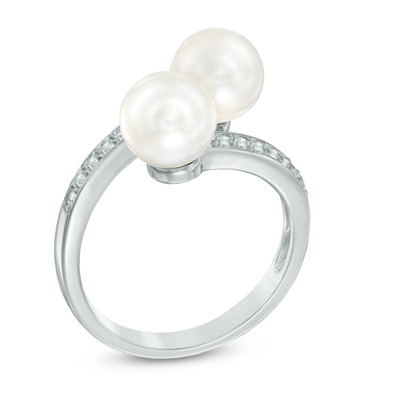 Main Image 2 of 6.5-7.0mm Freshwater Cultured Pearl and Lab-Created White Sapphire Bypass Ring in Sterling Silver