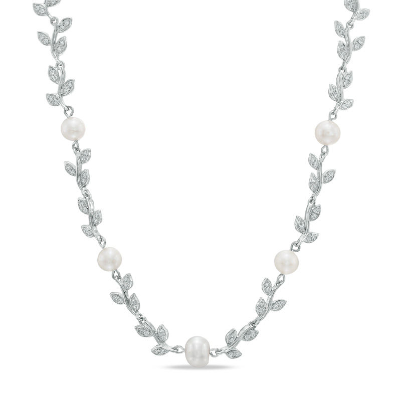 Main Image 1 of 6.0-7.5mm Freshwater Cultured Pearl and Lab-Created White Sapphire Floral Necklace in Sterling Silver-18.5"