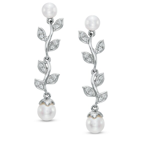 5.0 - 6.5mm Cultured Freshwater Pearl and Lab-Created White Sapphire Floral Drop Earrings in Sterling Silver 5.0 - 6.5mm Cultured Freshwater Pearl and Lab-Created White Sapphire Floral Drop Earrings in Sterling Silver