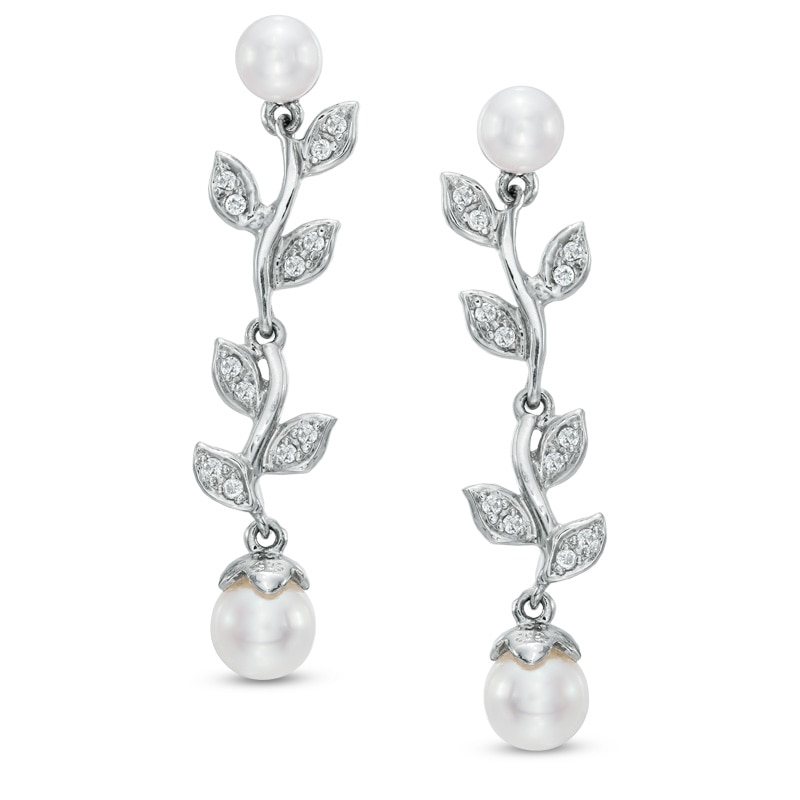 5.0 - 6.5mm Cultured Freshwater Pearl and Lab-Created White Sapphire Floral Drop Earrings in Sterling Silver