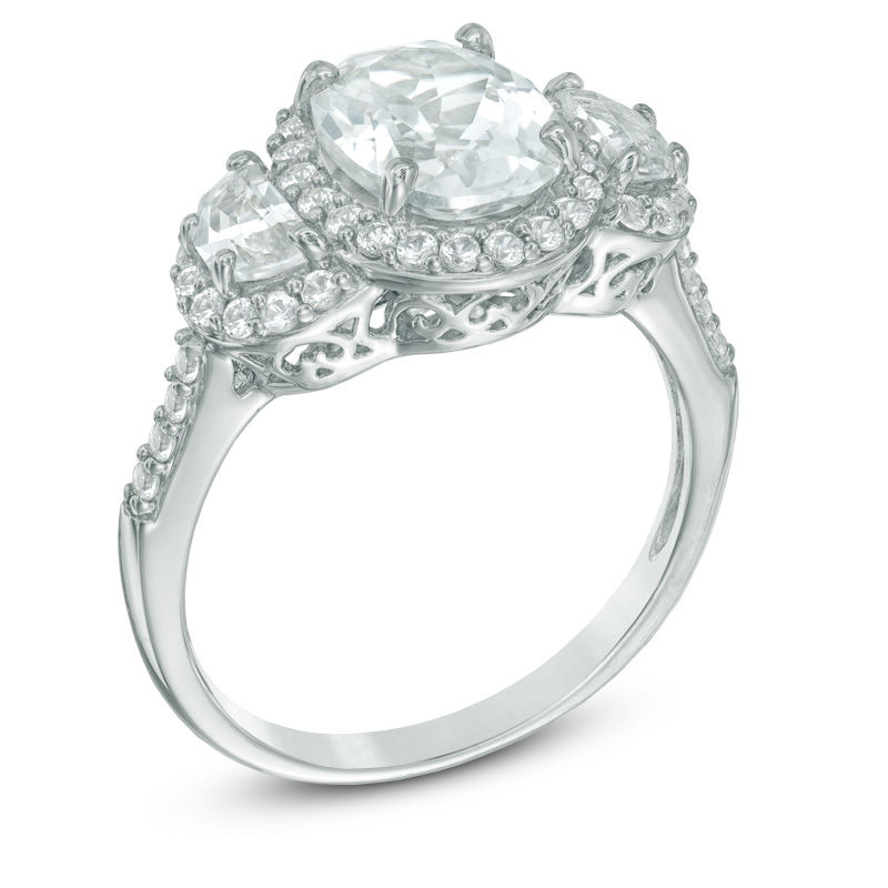 Oval Lab-Created White Sapphire Frame Three Stone Ring Sterling Silver