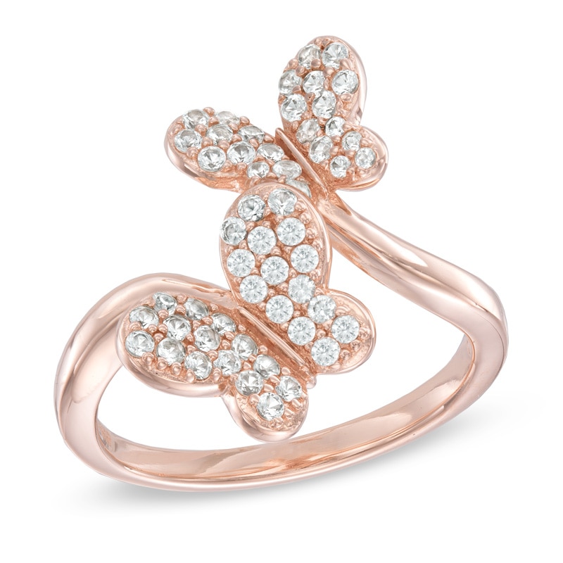Lab-Created White Sapphire Double Butterfly Ring in Sterling Silver with 18K Rose Gold Plate