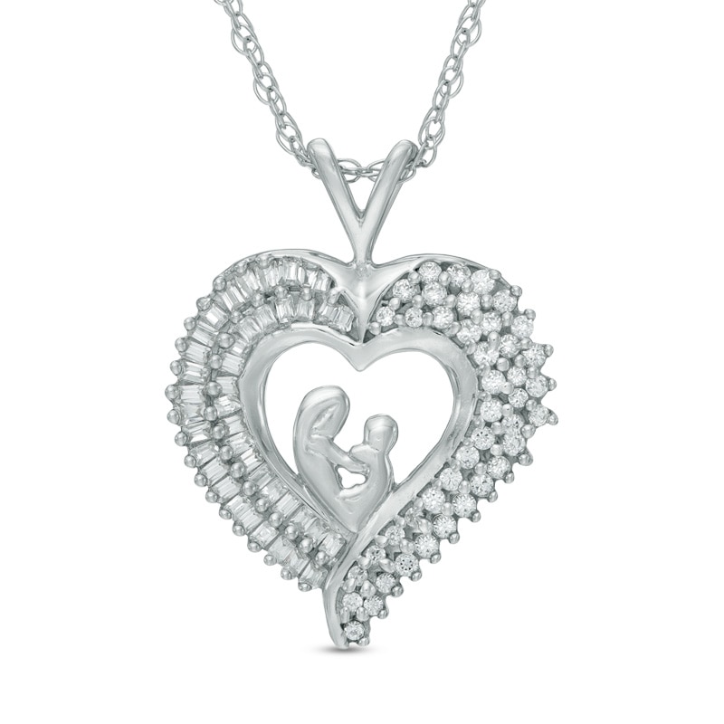 Lab-Created White Sapphire Motherly Love Heart Pendant in Sterling Silver
