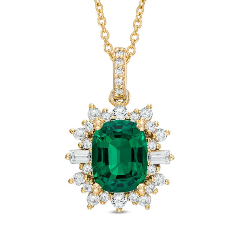 Cushion-Cut Lab-Created Emerald and White Sapphire Starburst Frame Pendant in 10K Gold