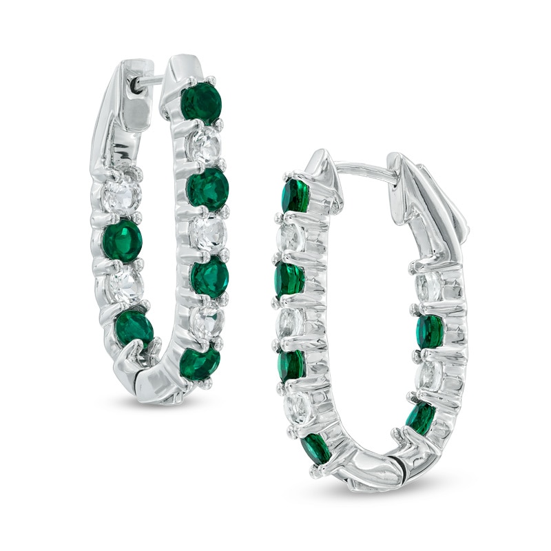 Main Image 1 of Lab-Created Emerald and White Sapphire Inside-Out Hoop Earrings in Sterling Silver