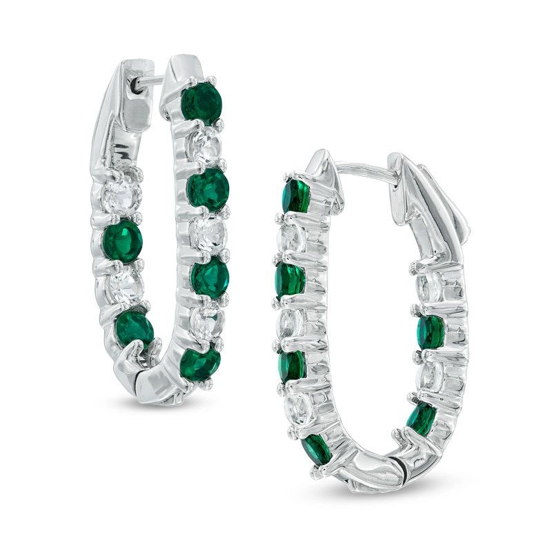 Lab-Created Emerald and White Sapphire Inside-Out Hoop Earrings in Sterling Silver|Peoples Jewellers