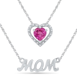 5.0mm Heart-Shaped Lab-Created Pink Sapphire and Diamond Accent "MOM" Double Strand Necklace in Sterling Silver