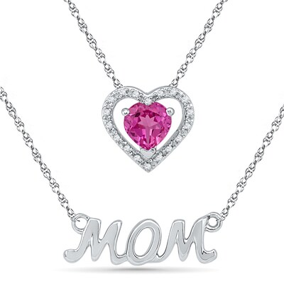5.0mm Heart-Shaped Lab-Created Pink Sapphire and Diamond Accent "MOM" Double Strand Necklace in Sterling Silver