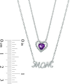 5.0mm Heart-Shaped Amethyst and Diamond Accent "MOM" Double Strand Necklace in Sterling Silver