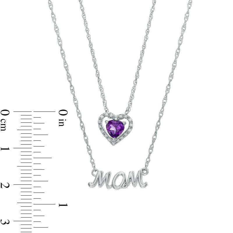 5.0mm Heart-Shaped Amethyst and Diamond Accent "MOM" Double Strand Necklace in Sterling Silver|Peoples Jewellers