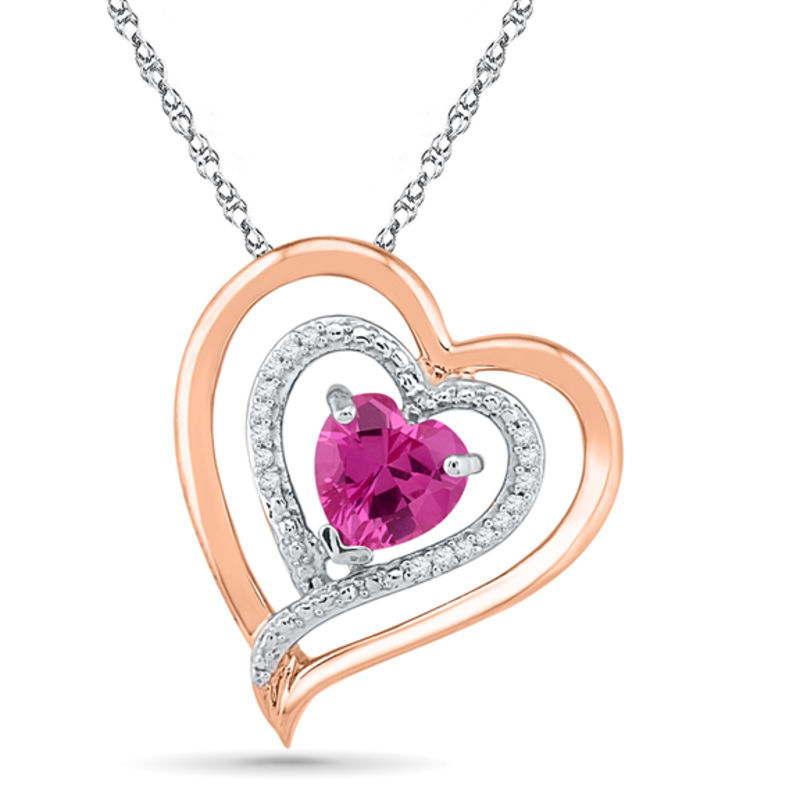 6.0mm Heart-Shaped Lab-Created Pink Sapphire and Diamond Accent Double Heart Pendant in 10K Two-Tone Gold